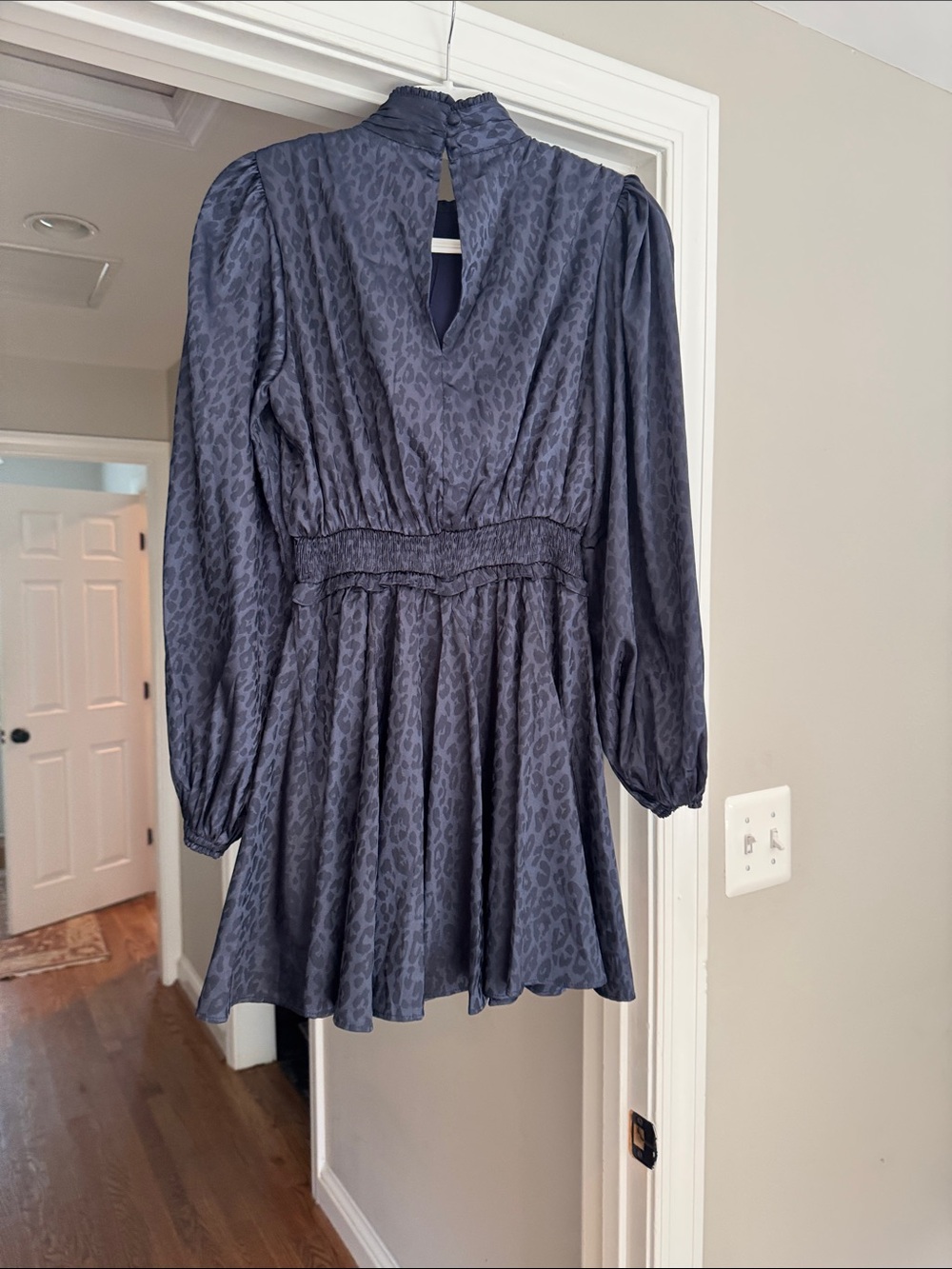 Women's Aqua Dark Blue Animal-Print Long Sleeve Smocked Waist Mini Dress